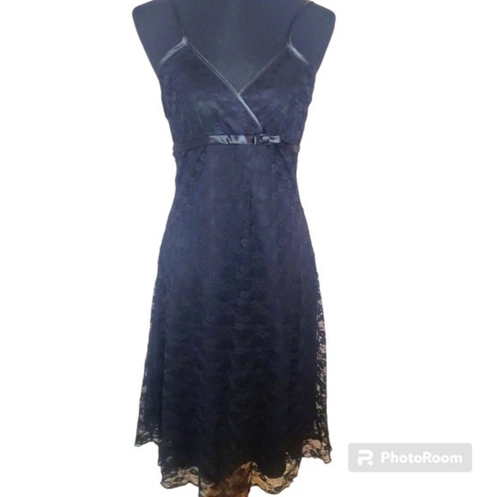 Vintage Y2K black lace with Satin ribbon tie knee length Dress